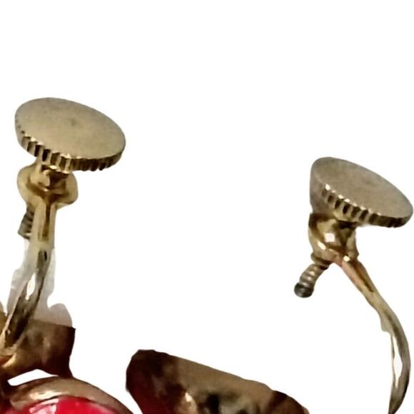 Vintage Red Drop Hearts Dangling Heart Earrings Gold Wrapped Clip On Screw Clasp - Picture 5 of 7